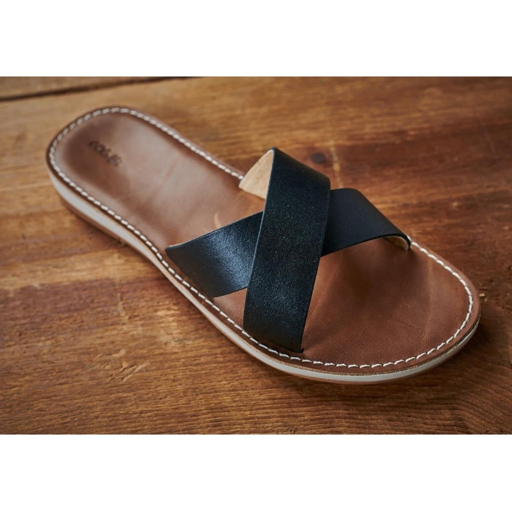 NWOT OluKai Ke’a Black Leather Slide Sandals, Women’s Size 9